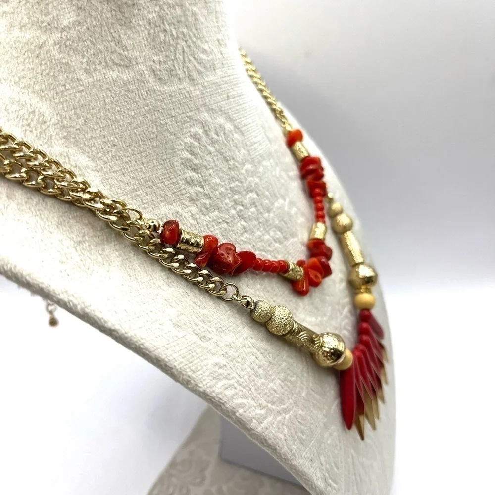 Fire Beads with Tribal Flare Layered Chain Necklace Red stone and long Gold bead